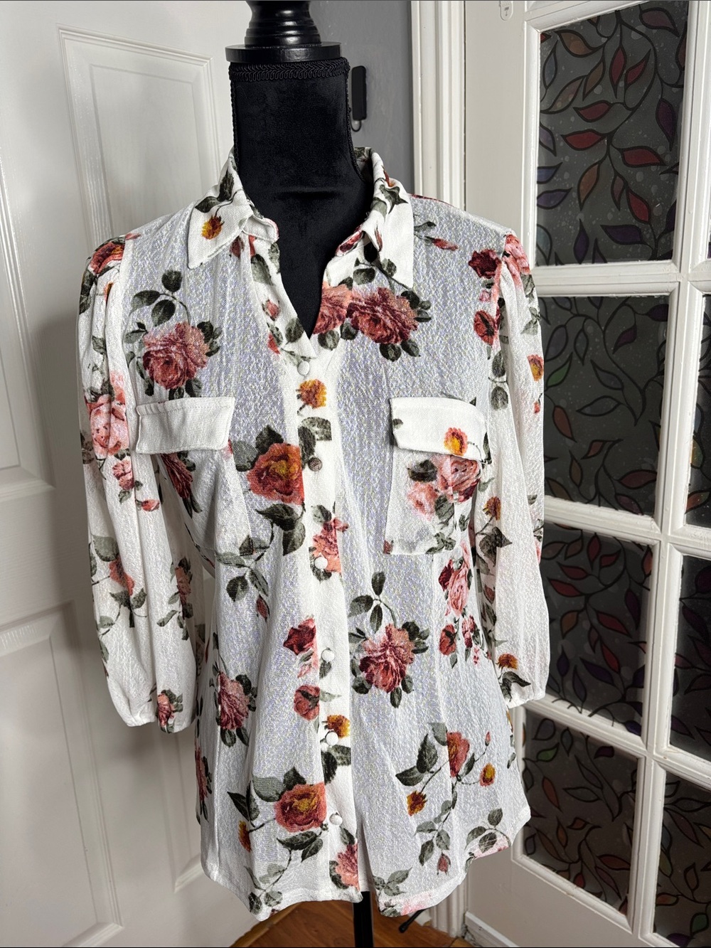 White Floral Button-Down Shirt with Pink Rose Print